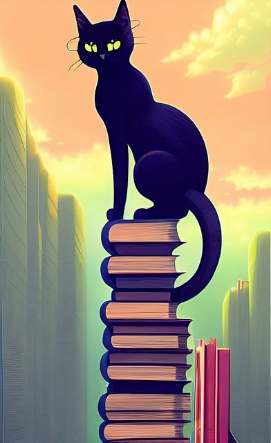 Dans un décor urbain, un chat noir aux yeux jaunes est assis au sommet d'une pile de livres. Il regarde le spectateur. 