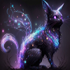 Un chat assis, aux couleurs sombres et pailletées (bleu, noir, violet ), les yeux brillants, regardant vers la droite, des ailes membraneuses et presque transparentes sur le dos.